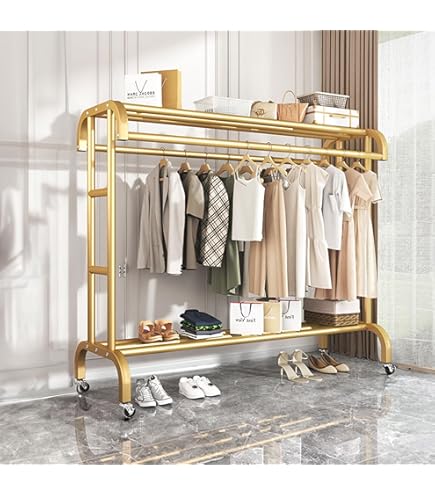 Amazon｜HAIYU- ゴールドハンガーラック 収納棚付き 金属製衣類ラック